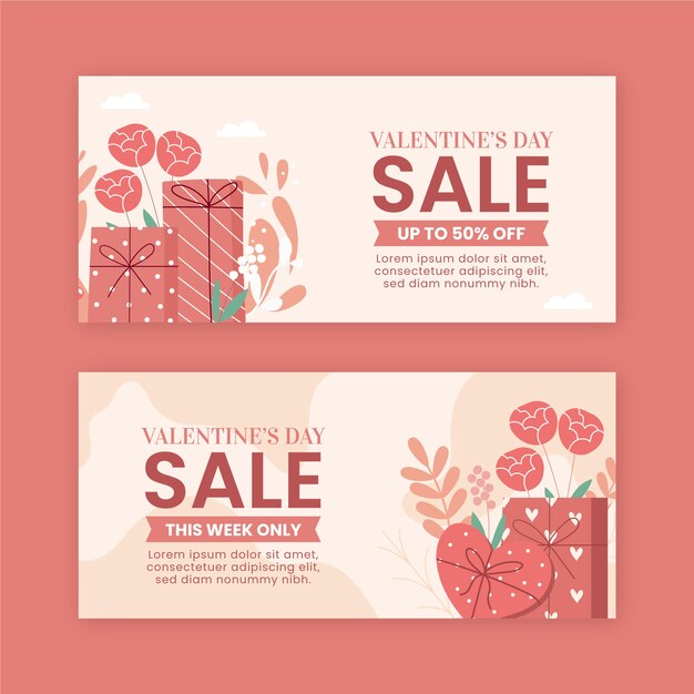 Set di banner orizzontali di vendita piatta di san valentino