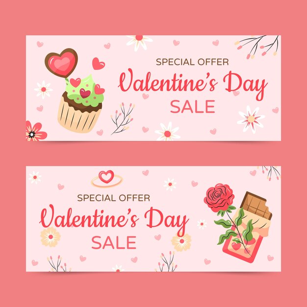 Set di banner orizzontali di vendita piatta di san valentino