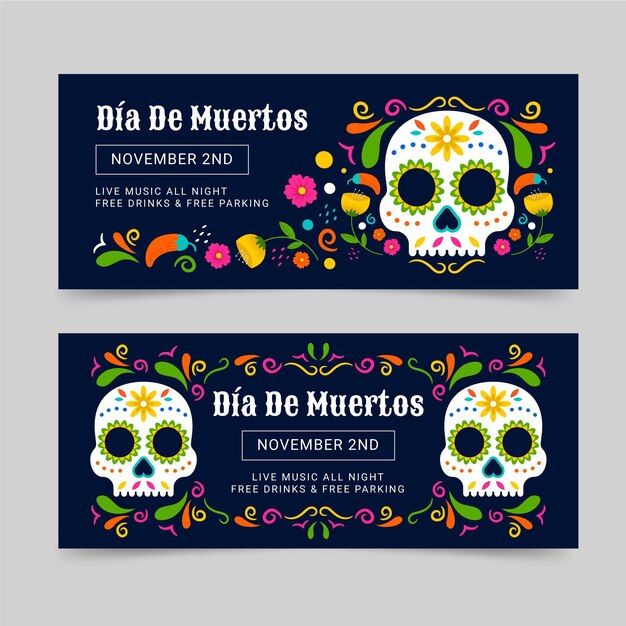 Set di banner orizzontali dia de muertos disegnati a mano
