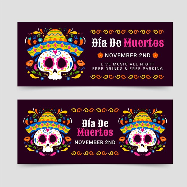Set di banner orizzontali dia de muertos disegnati a mano