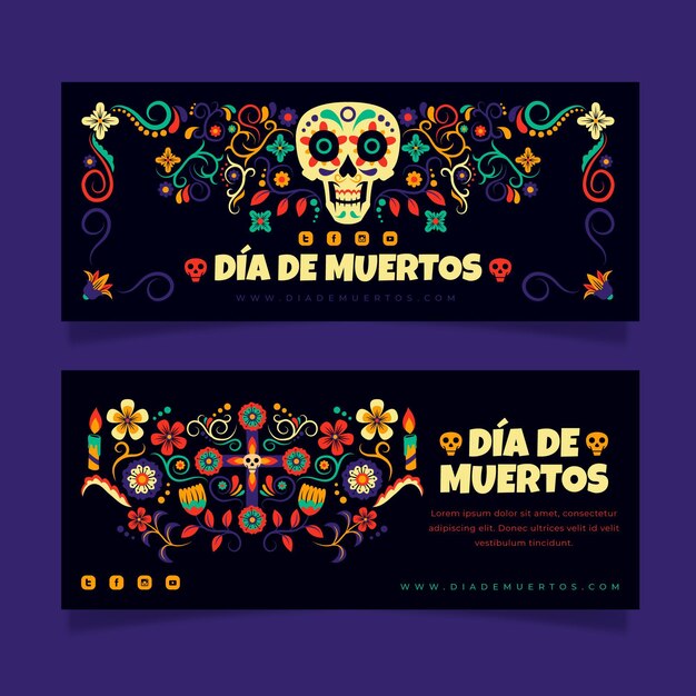 Set di banner orizzontali dia de muertos disegnati a mano