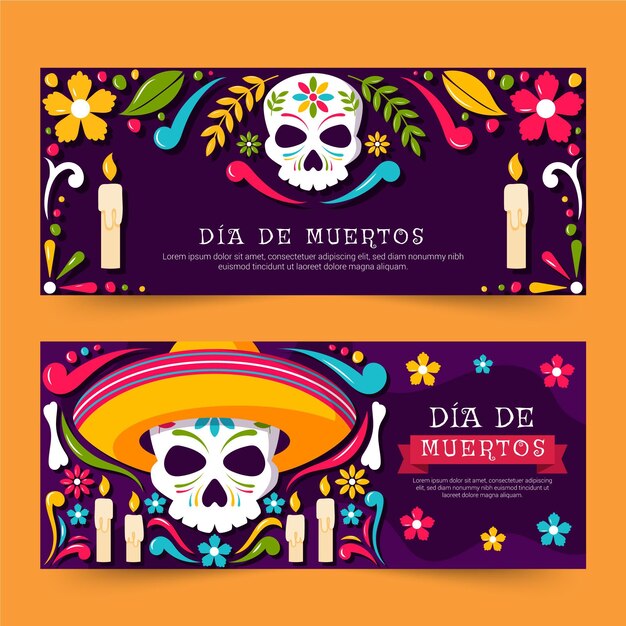 Set di banner orizzontali dia de muertos disegnati a mano