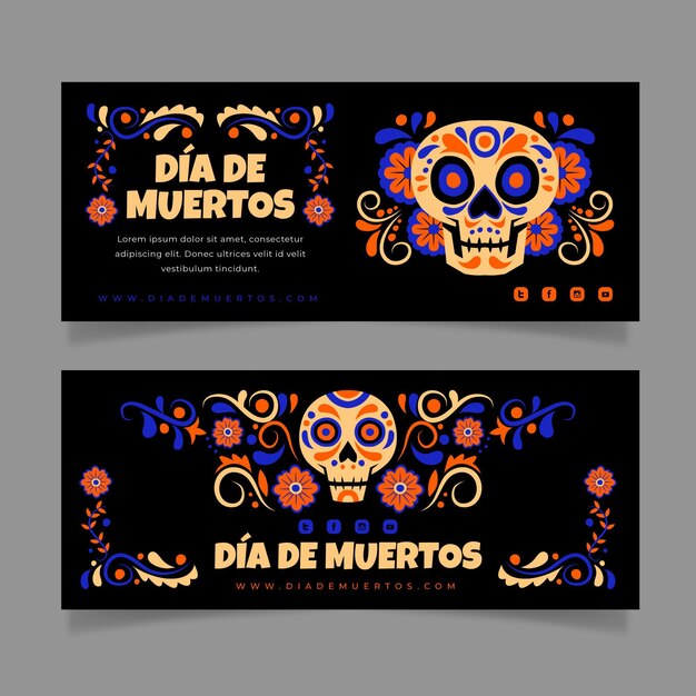 Set di banner orizzontali dia de muertos piatti disegnati a mano
