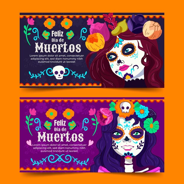 Set di banner orizzontali dia de muertos piatti disegnati a mano