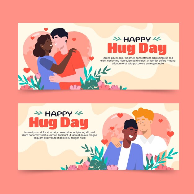 Set di banner orizzontali disegnati a mano per il giorno dell'abbraccio piatto