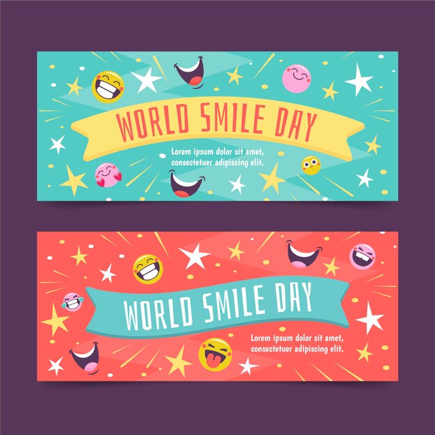 Set di banner orizzontali disegnati a mano per la giornata mondiale del sorriso piatto