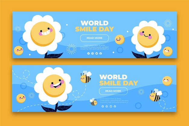 Set di banner orizzontali disegnati a mano per la giornata mondiale del sorriso piatto