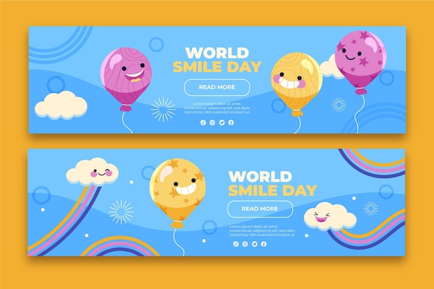 Set di banner orizzontali disegnati a mano per la giornata mondiale del sorriso piatto