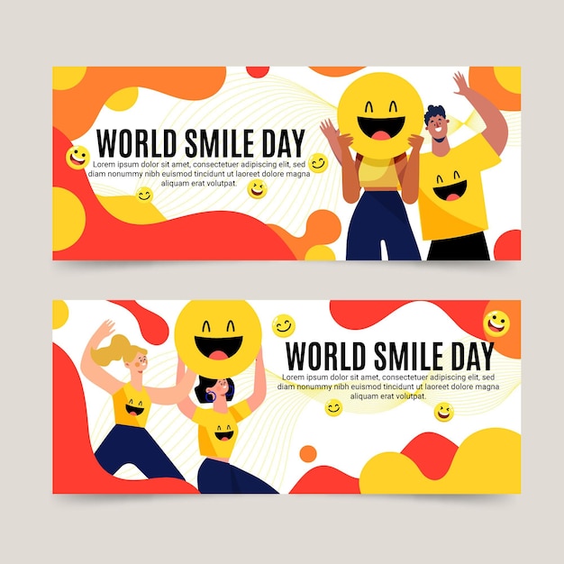 Set di banner orizzontali disegnati a mano per la giornata mondiale del sorriso piatto