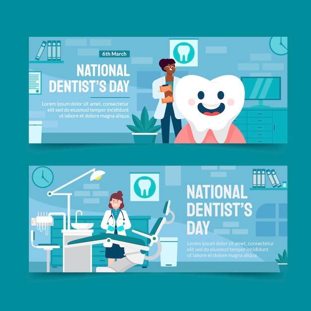 Set di banner orizzontali per il giorno del dentista nazionale piatto