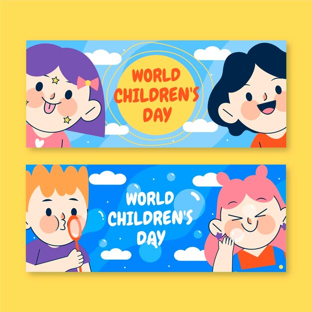 Set di banner orizzontali per la giornata mondiale dei bambini piatti disegnati a mano