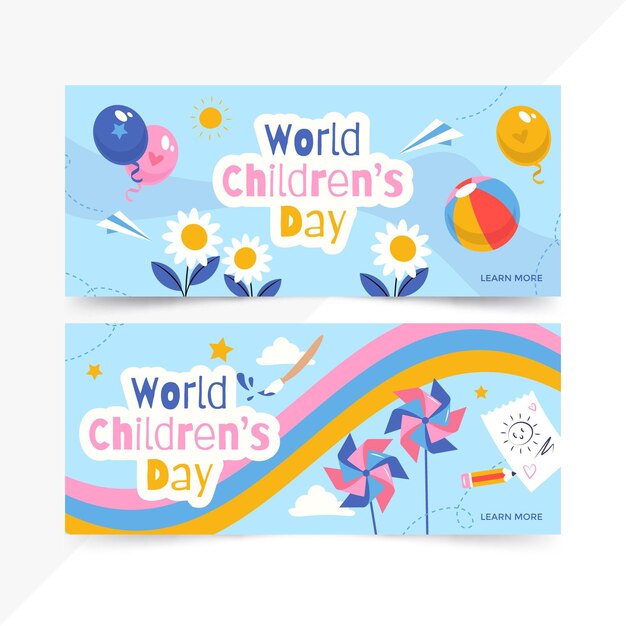 Set di banner orizzontali per la giornata mondiale dei bambini piatti disegnati a mano