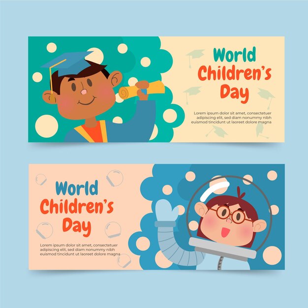 Set di banner orizzontali per la giornata mondiale dei bambini piatti disegnati a mano