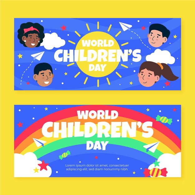Set di banner orizzontali per la giornata mondiale dei bambini piatti disegnati a mano