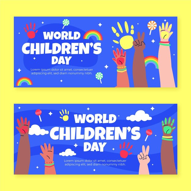 Set di banner orizzontali per la giornata mondiale dei bambini piatti disegnati a mano