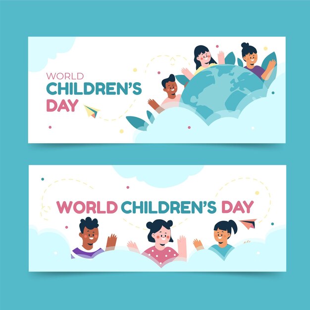 Set di banner orizzontali per la giornata mondiale dei bambini piatti disegnati a mano