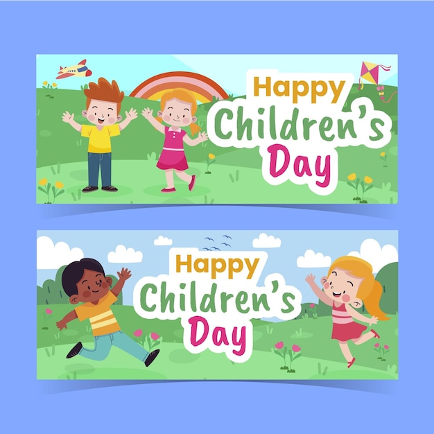 Set di banner orizzontali per la giornata mondiale dei bambini piatti disegnati a mano