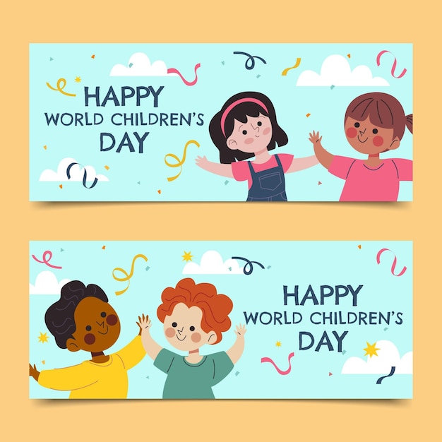 Set di banner orizzontali per la giornata mondiale dei bambini piatti disegnati a mano