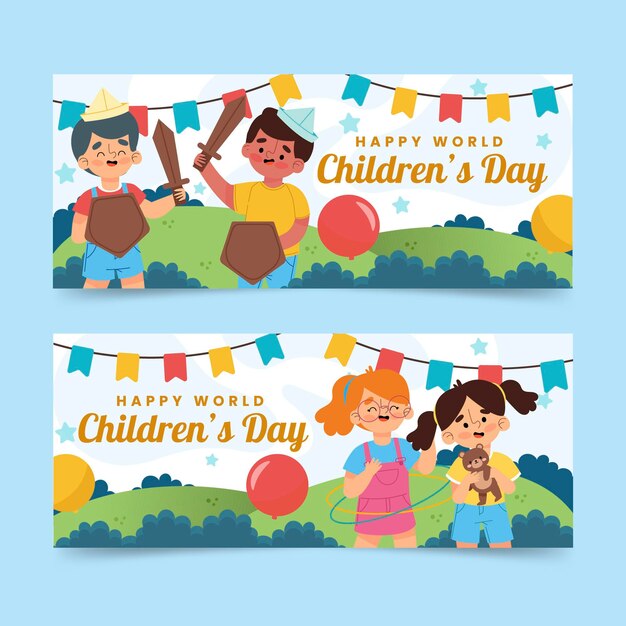 Set di banner orizzontali per la giornata mondiale dei bambini piatti disegnati a mano