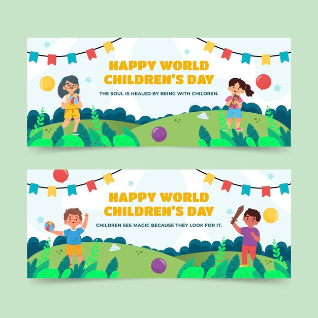 Set di banner orizzontali per la giornata mondiale dei bambini piatti disegnati a mano
