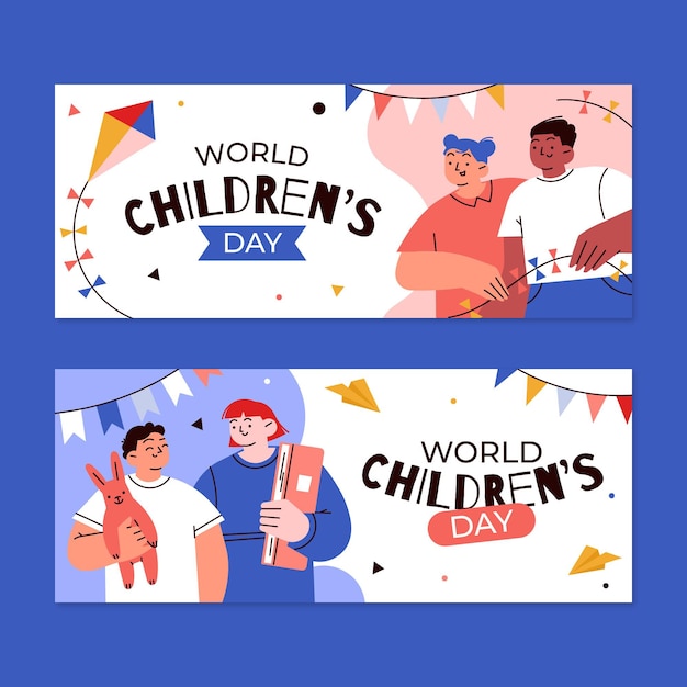 Set di banner orizzontali per la giornata mondiale dei bambini piatti disegnati a mano