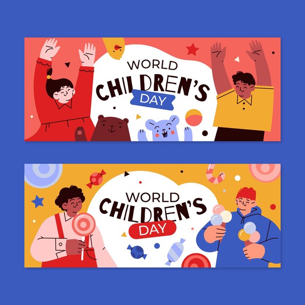 Set di banner orizzontali per la giornata mondiale dei bambini piatti disegnati a mano