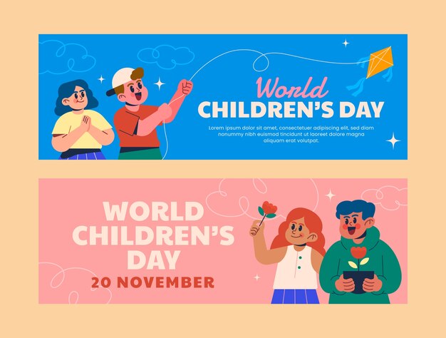 Set di banner orizzontali per la giornata mondiale dei bambini piatti