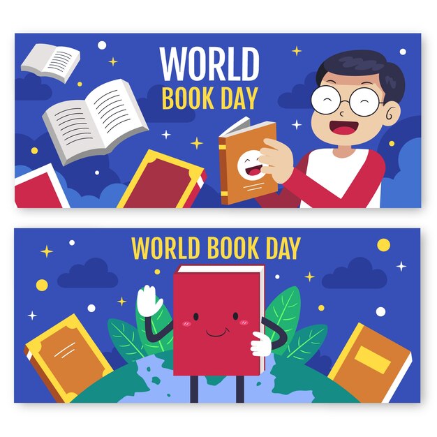 Set di banner orizzontali per la giornata mondiale del libro piatto