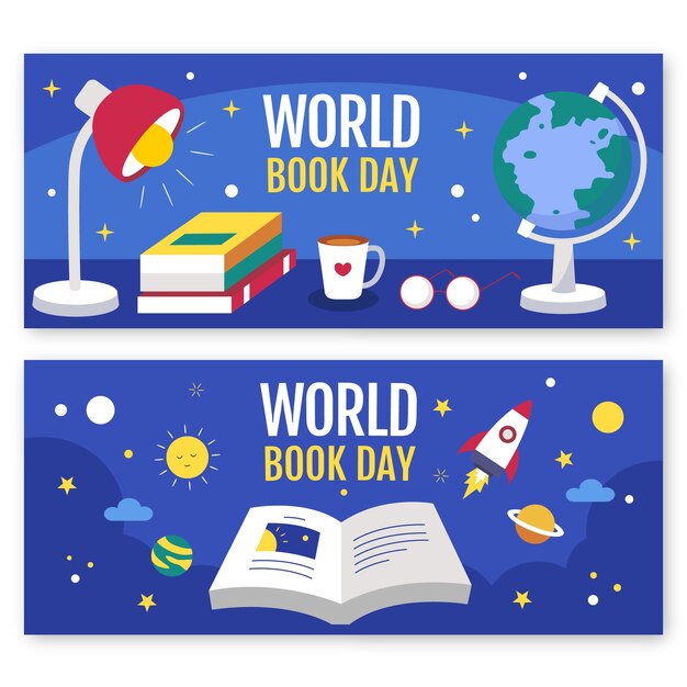 Set di banner orizzontali per la giornata mondiale del libro piatto