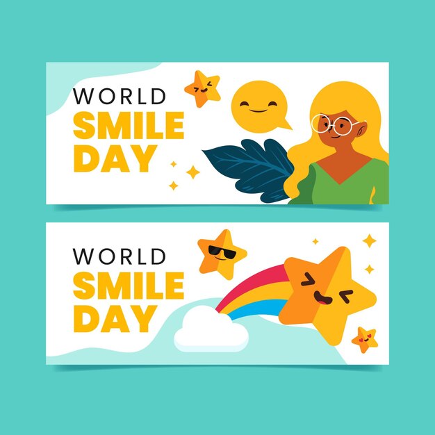 Set di banner orizzontali per la giornata mondiale del sorriso piatto