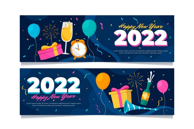 Set di banner orizzontali piatti di Capodanno disegnati a mano