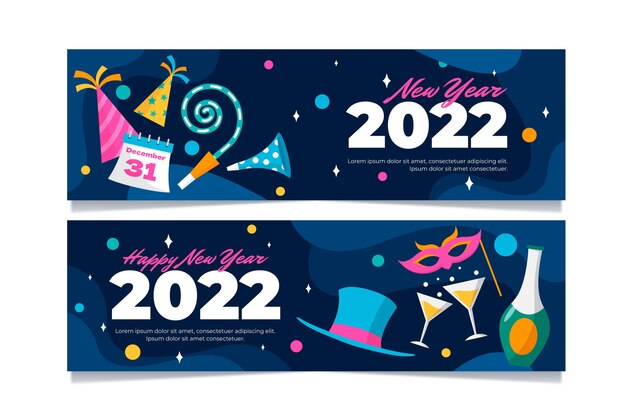 Set di banner orizzontali piatti di Capodanno disegnati a mano