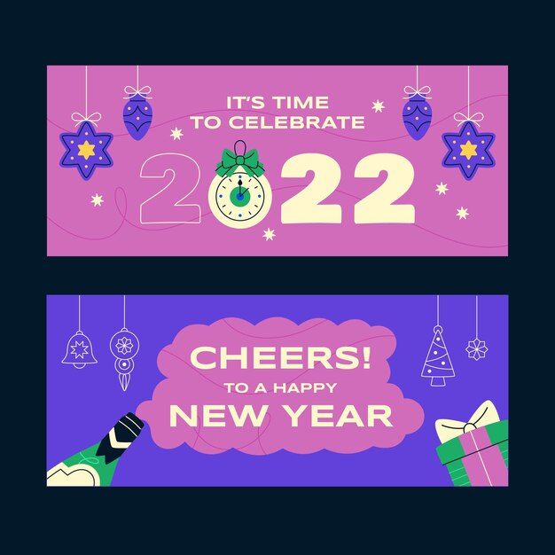 Set di banner orizzontali piatti di Capodanno disegnati a mano