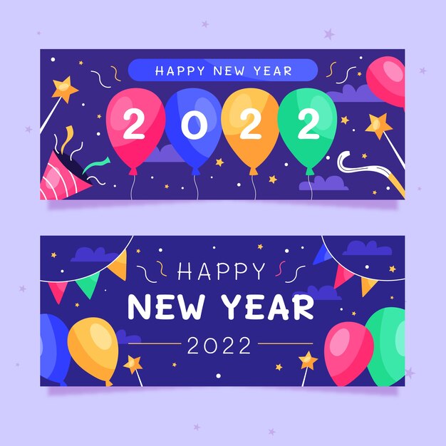 Set di banner orizzontali piatti di felice anno nuovo 2022 disegnati a mano
