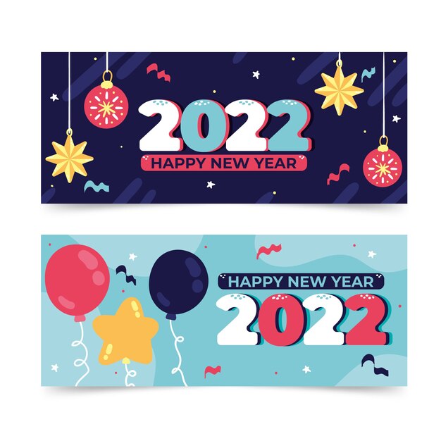 Set di banner orizzontali piatti di felice anno nuovo 2022 disegnati a mano