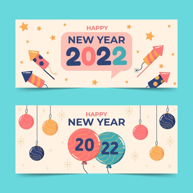 Set di banner orizzontali piatti di felice anno nuovo 2022 disegnati a mano