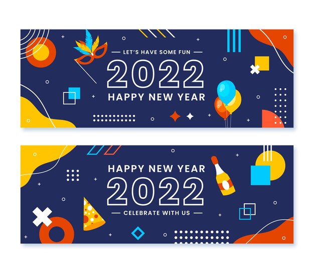 Set di banner orizzontali piatti di felice anno nuovo 2022 disegnati a mano