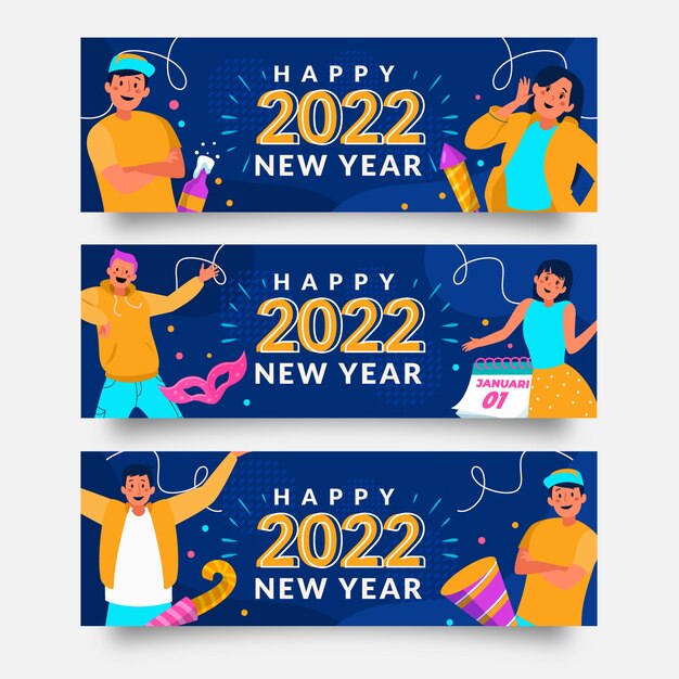 Set di banner orizzontali piatti di felice anno nuovo 2022 disegnati a mano