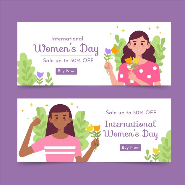 Set di banner orizzontali piatti per la vendita della festa della donna internazionale