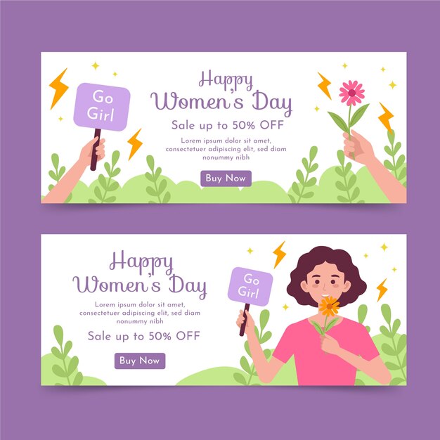 Set di banner orizzontali piatti per la vendita della festa della donna internazionale