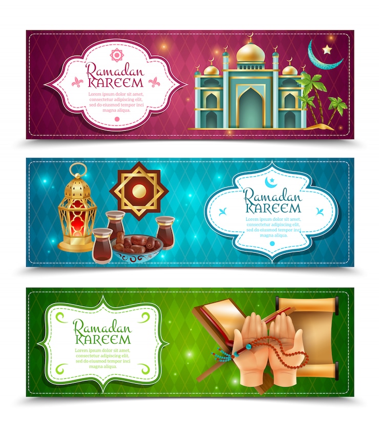 Vettore gratuito set di banner orizzontali ramadan kareem 3