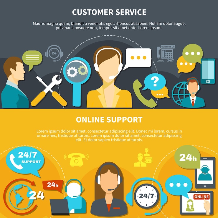 Vettore gratuito set di banner orizzontali su giallo nero con servizio clienti e supporto online isolato
