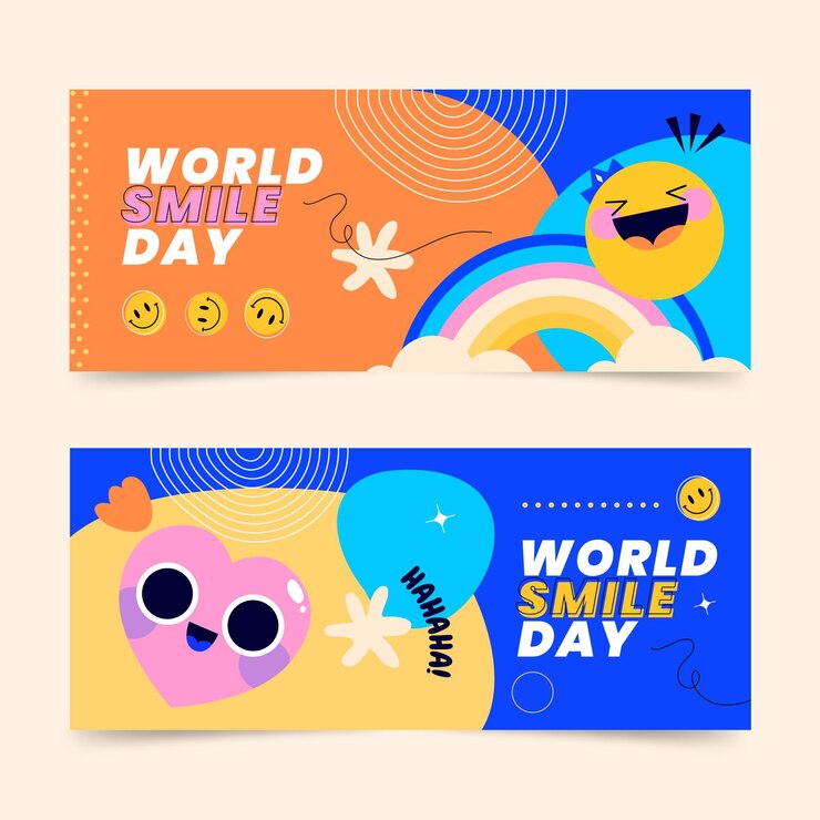 Vettore gratuito set di banner per la giornata mondiale del sorriso piatto disegnato a mano