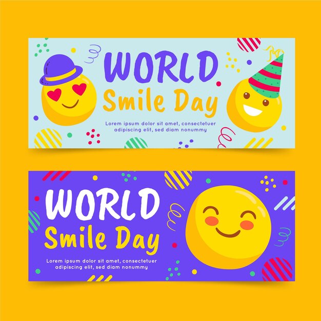Set di banner per la giornata mondiale del sorriso piatto disegnato a mano