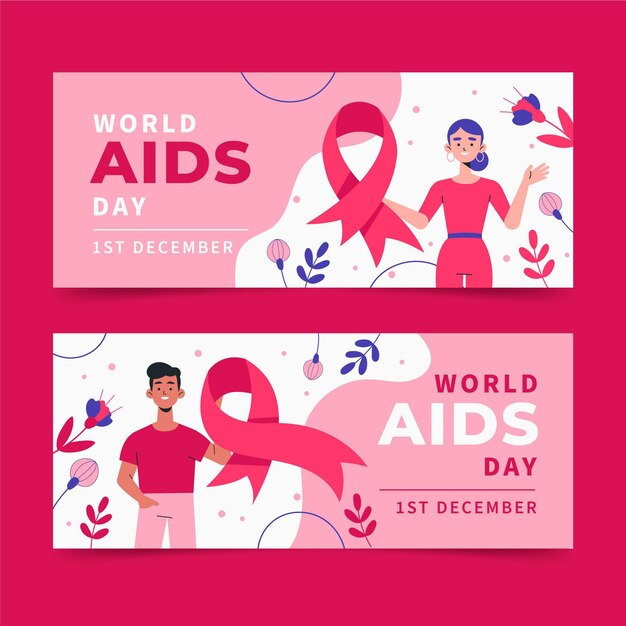 Set di banner per la giornata mondiale dell'AIDS piatto orizzontale disegnato a mano