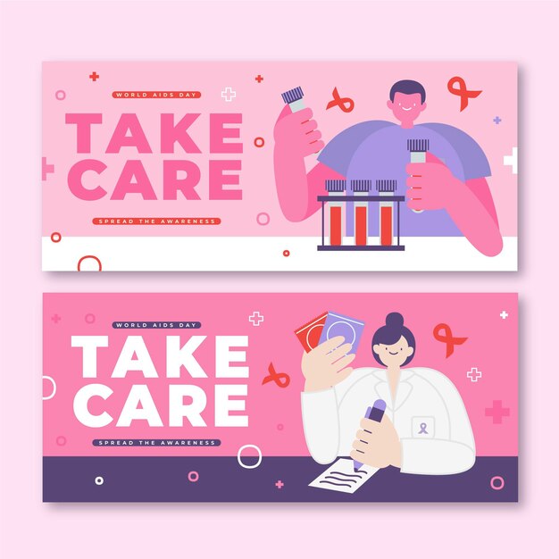 Set di banner per la giornata mondiale dell'AIDS piatto orizzontale disegnato a mano