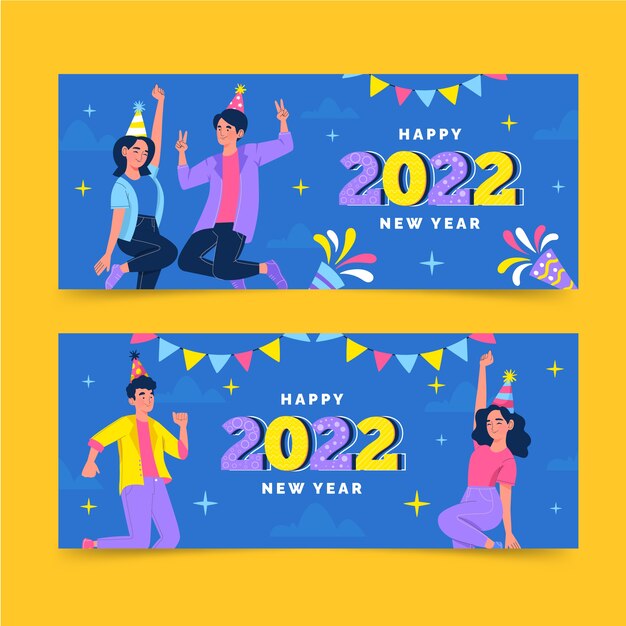 Set di banner piatto felice anno nuovo 2022 disegnato a mano
