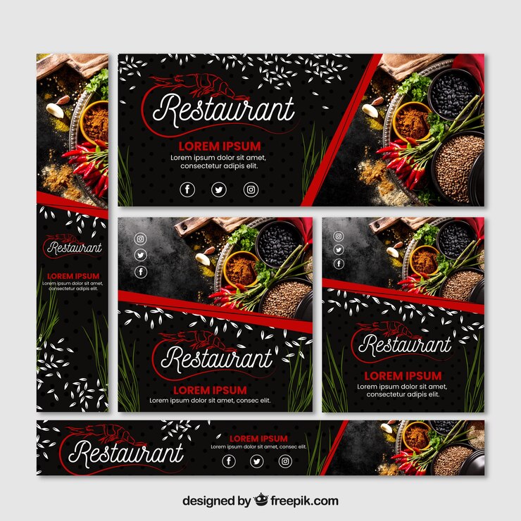 Vettore gratuito set di banner ristorante con foto