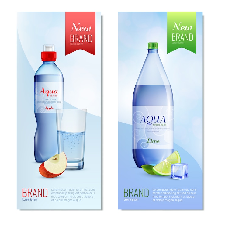 Vettore gratuito set di banner verticale bottiglia di plastica