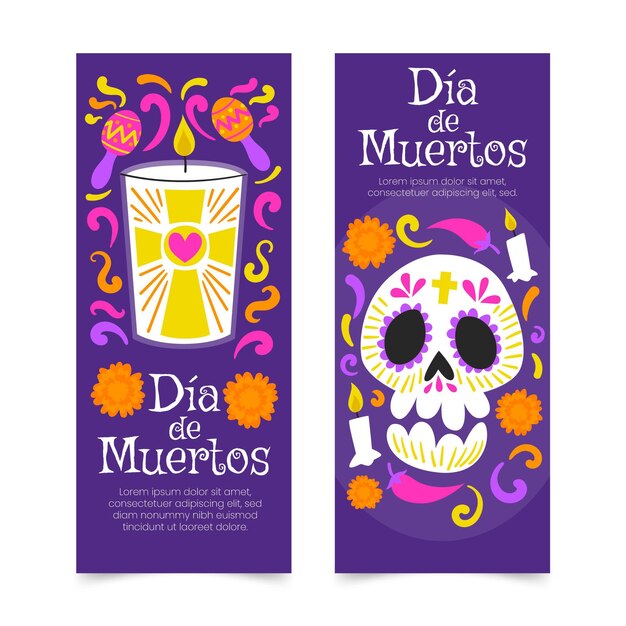 Set di banner verticali dia de muertos piatti disegnati a mano